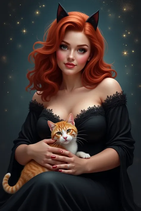 Create an image of a red-haired woman, chubby,  brown-eyed , Hair at the height of the collarbone, dressed in black, long nails, with a cat on her lap, on a starry background