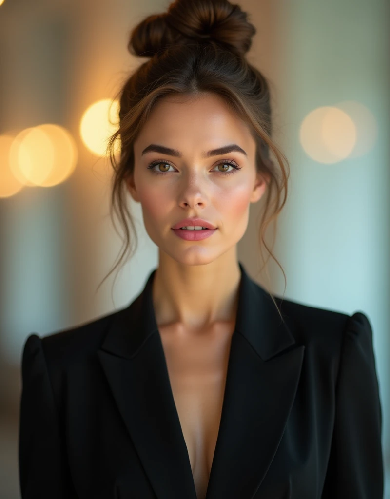 beautiful young woman, caucasiana,  ABOUT 25 YEARS OLD ,  in front , with a smile and look straight at the camera.  light brown hair ,  tied in a tall and elaborate bun . Sophisticated makeup,  with brown eyes and outlined ,  pink and slightly shiny mouth ...