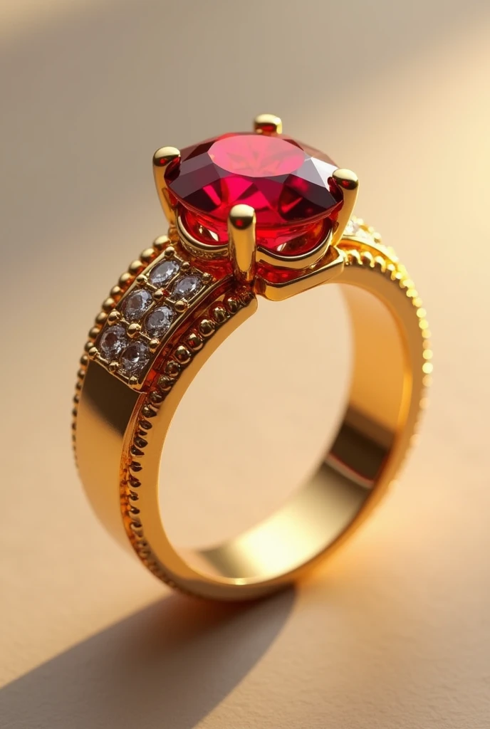 Gold wedding ring with red stone in the center