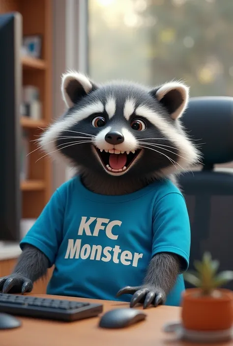  Big fat happy gray raccoon,  is sitting at a new computer ,  in a blue shirt ,  with large, visible text , is written "KFC Monster "