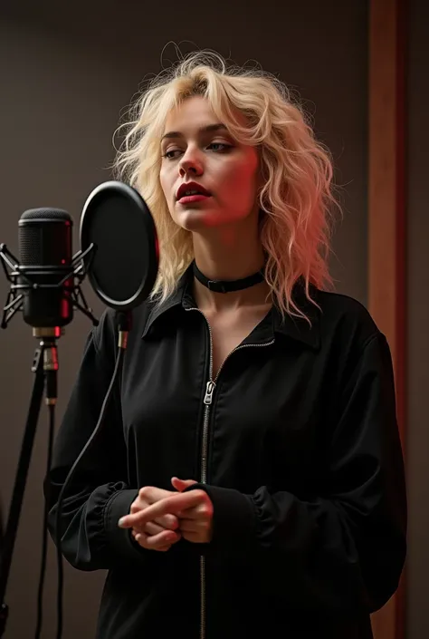 Create an 18-year-old Australian singer with white skin ,  red lips,  Blue Eyes,  80s style medium blonde hair untidy curly hair,  black clothes , Singing in a recording studio . 