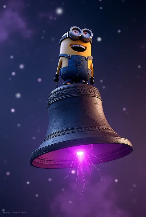 Make a minion riding a giant ancient bell that has purple aura, in space