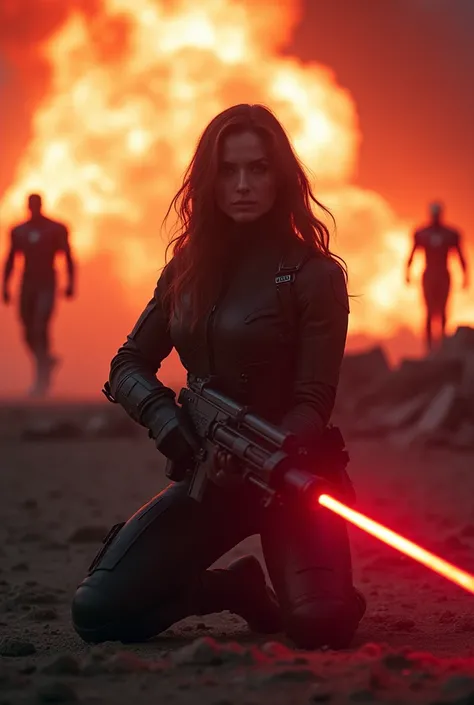 POV, close-up,Film still, brutale cool warrior woman with futuristic glowing red laser gun, kneeling in centre, wearing army suit, smoke, captain america and Iron man walking out from the smoke in the background two side,rubble, disaster, , dramatic low-ke...