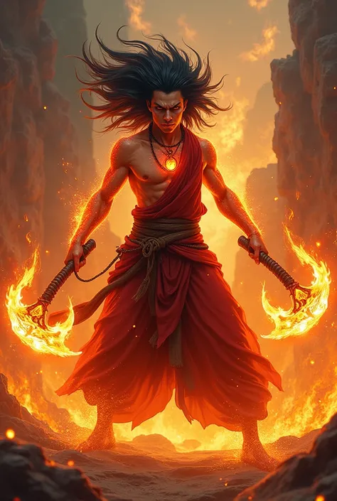 generate a genazy fire art from DND with a monk class,  let his skin be infirnal and let him have Kusarigamas weapon in the shape of a sickle, let him have fiery black hair 