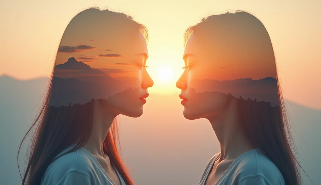 A breathtaking 8K Ultra HD double exposure image inspired by Yukisakura, featuring the serene profile of an Asian woman with long, straight hair, her expression calm and reflective. Her silhouette embodies a photorealistic image of a Korean temple at dawn....