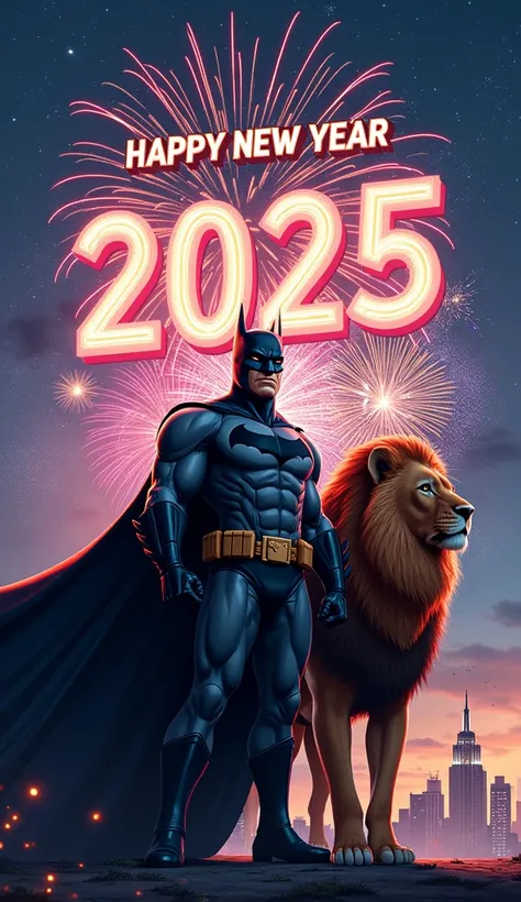 batman, Lion, Night, Silvester, lots of fireworks , Champagne, “Happy New Year 2025” font in the background, 