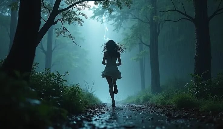 A dramatic scene of pouring rain ,  showing a woman running along a path between trees ,  with lightning illuminating the scenery and the sound of a waterfall in the background.