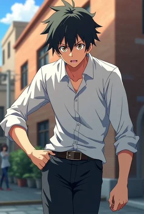  Screenshot of the Anime Boku no hero , tall teenager , With slightly rowdy black-colored hair, golden eyes, of good physique,  wearing a long sleeve white shirt and black pants