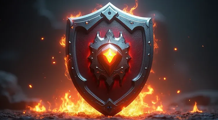 3D shield gaming with metallic Texures and fire efects front pose