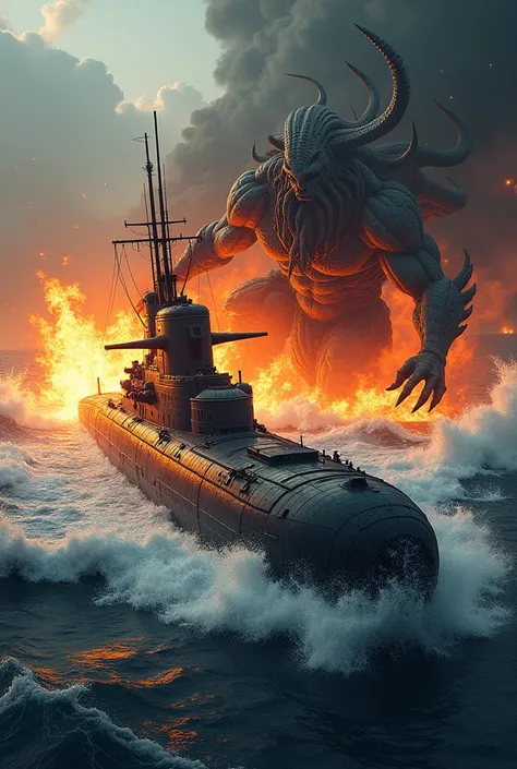 a logo of a war submarine set on fire and Poseidon fighting with a sea creature in the background