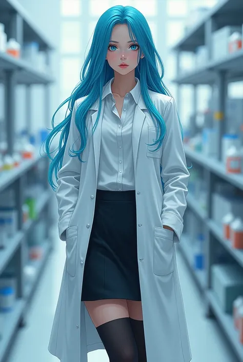 masterpiece, best quality, high quality, highres, 1girl, solo, aqua (konosuba), blue hair, long hair, blue eyes, white shirt ,long labcoat, black office skirt, thighhighs, full body, standing, hands in pockets, bored, depth of field, laboratory,