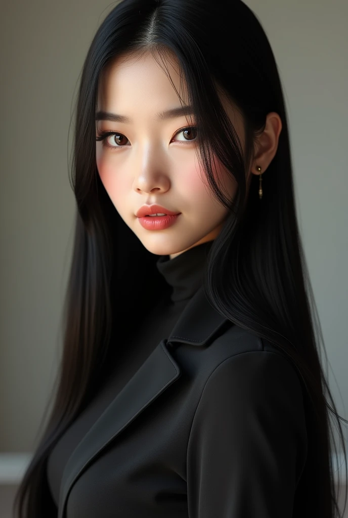 Make a beautiful Asian woman ,  straight and long black hair,  brown eyes, 1,58 tall,  wearing luxurious and elegant black clothes.