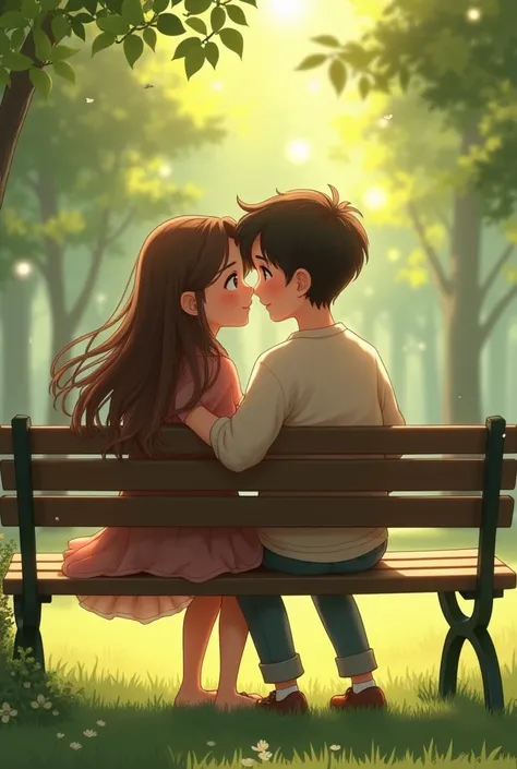 One girl and boy sitting in a bench.Leave some space in the image for writing. Image theam is love