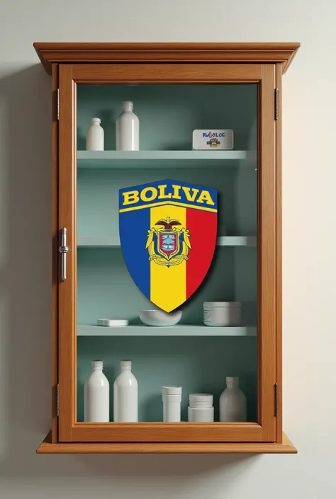 a medicine cabinet with the logo of the Bolivar province school in Ecuador