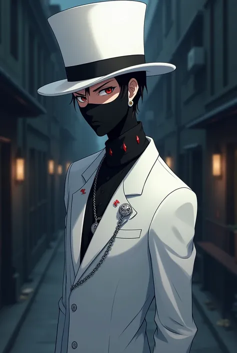 Create a male anime character with a white top hat with a black mask that covers his entire face with red details and a white jacket and silver chain