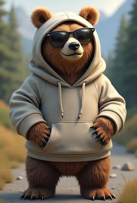 A grizzly bear wearing hoodie and sunglasses while smiling 