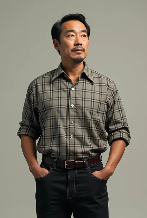  Make a 50-year-old Asian man,  black hair, 1,65 tall, wearing a checkered shirt , black jeans , and clear eyes.