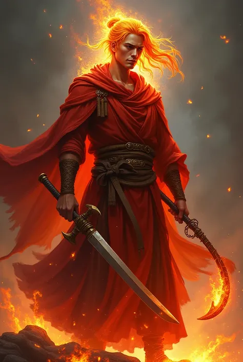  generate an art genazie fire man from the DND with a monk class, let his skin be infernal and have a weapon in his hands in small Kusarigama in the shape of a sickle, let him have medium length fiery hair 