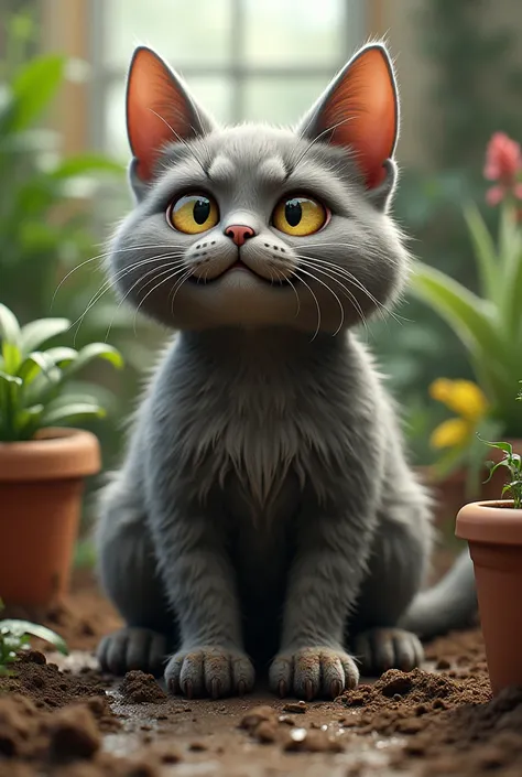 " A gray cat with big expressive eyes the cat is covered in mud,  sitting in a messy garden with dirt on its paws and mustaches , looking mischievous and proud playing in the mud 