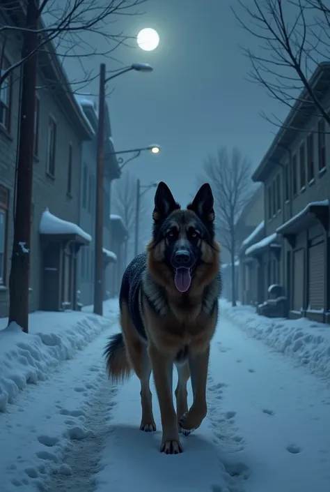 German shepherd walking at night in winter in a town without electricity 