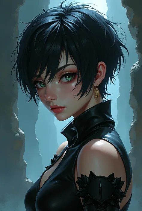 Hybrid ,  half-manticore woman with very short black hair , anime