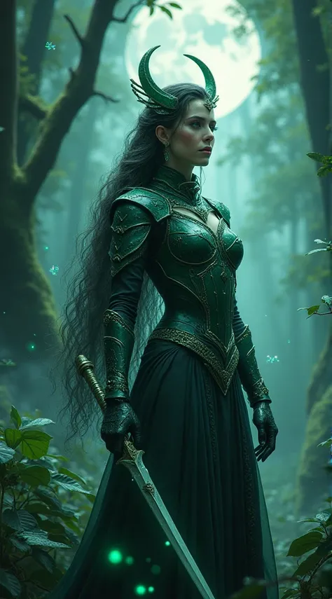 1. Mystic Moonlit Forest
A dense forest bathed in silvery moonlight, with soft mist curling around ancient trees. A powerful ethereal warrior queen stands amidst the glowing foliage, her obsidian armor glistening with dewdrops and coiled with emerald vines...