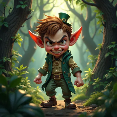 A boy in the form of a leprechaun with a terrifying look in the jungle