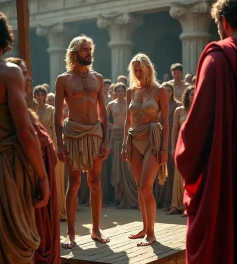 A bustling marketplace in the bustling slave market of ancient Rome, captured with the Hasselblad H6D 400c Multi Shot. A half-naked tall Celtic woman in despair, shamefully covering her nakedness with rags while standing on a wooden platform, looks down, h...