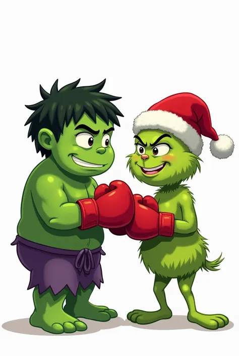 You can do it with a full body and also that Hulk and the Grinch have a tender expression with a white background and both wear a Christmas hat and boxing gloves as if they were in a fight in cartoons 