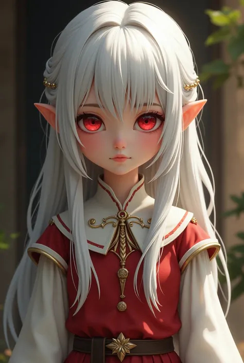 A  girl with white hair , Red eyes dressed in simple medieval clothes 