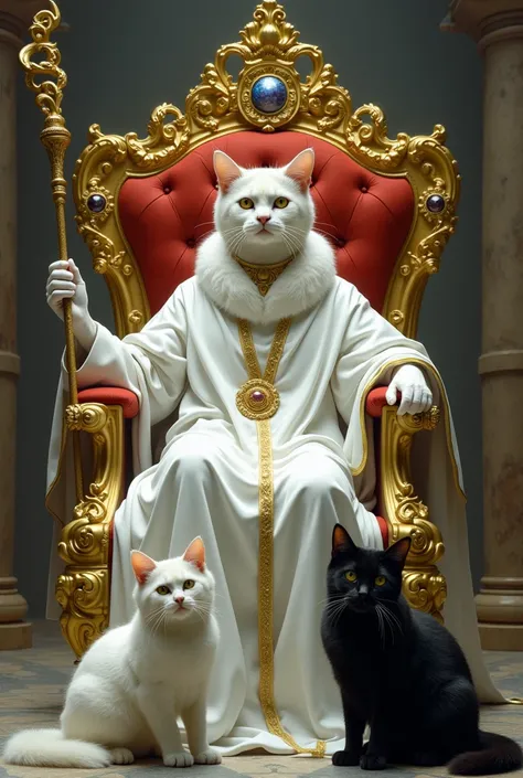 a white cat, with a white robe sitting on a throne of gold and precious stones, holding a staff, accompanied by a white cat with a white robe and a black cat with a black robe; surrounded by a surreal setting