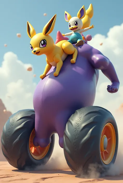 INFLATABLE Renamon riding on a Massive Purple inflatable lucario with Massively LARGEST MOTORCYCLE REAR TIRES ON the Purple Inflatable lucario’s Legs Doing a burnout 