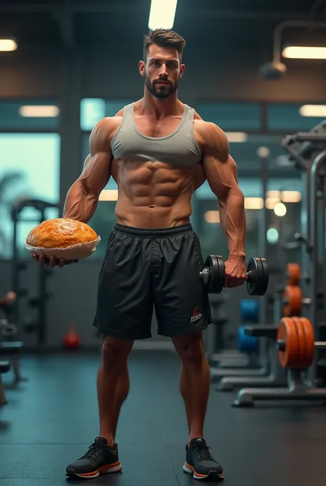 Full body image of a man in a gym with Argentinian sweet bread in one hand and a dumbbell in the other