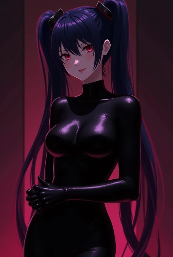 Evening、lovelive 　 Watanabe You 、 Black background、evil background、 hotel room 、 Sensual pink light 、 A shiny black rubber suit that wraps around the body、high、 upper body、adult、long gloves、 big breasts、 navy blue hair twin drill tail 　Volumie 、 upper body...