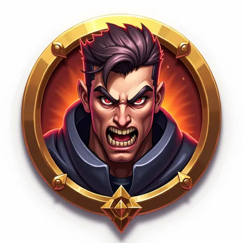 Warkraft character portrait, prominently displayed on the center of a polished round gold shield, rich in detail and vibrant colors, striking 2D gamer logo, highly expressive features, enchanting ambiance, magical and angry mood, sharp outlines, high-resol...