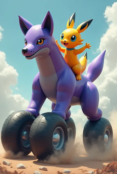 INFLATABLE Renamon riding on a Massive Purple inflatable lucario with Massively LARGEST MOTORCYCLE REAR TIRES ON the Purple Inflatable lucario’s Legs Doing a burnout 