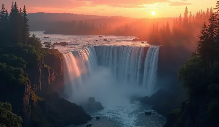 An aerial view of the waterfall at dusk ,  with the low sun painting the sky red and gold ,  while the surrounding forest seems to hold dark secrets.