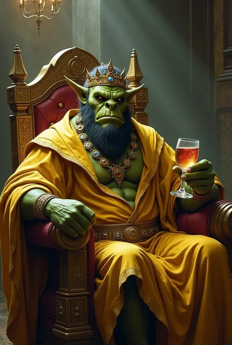 hall ! an orc with green skin in gold robes with a crown in his hand sits a glass of wine a gold glass encrusted with precious stones in his hands in his hand holds a glass of wine A gold glass encrusted with precious stones in his hands in totueravki on h...