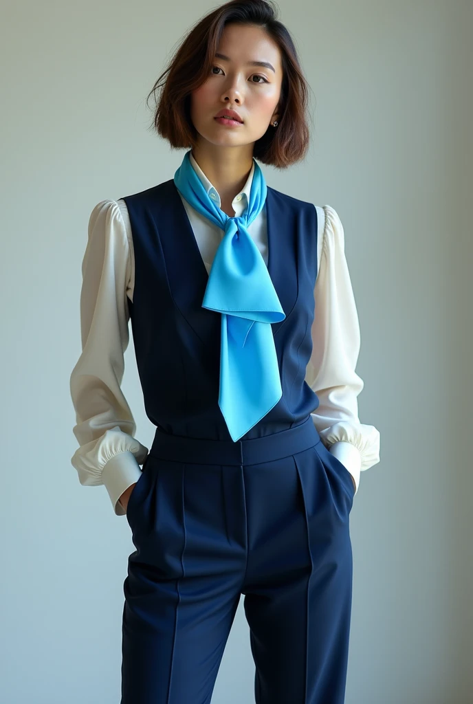  womens blouse with dark navy blue vest and pants, sky blue 