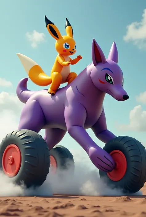 INFLATABLE Renamon riding on a Massive Purple inflatable lucario with Massively LARGEST MOTORCYCLE REAR TIRES ON the Purple Inflatable lucario’s Legs Doing a burnout 