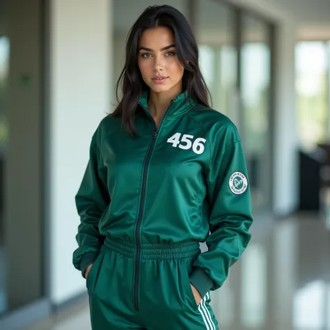 White woman, Caucasian, From Eastern Europe, A 35-year-old girl ,  Black hair, slim, vestida con un hombre con un track-suit verde con números blancos en el lateral, usando un track-suit,  wearing an athletic suit , wearing a track-suit, track-suit,  green...