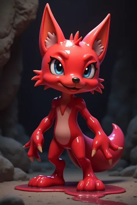 The image features an anthropomorphic, cartoon-like character with a red, glossy, and seemingly liquid-like body texture. The character has animalistic traits, such as fox-like ears and paw-shaped feet. The background appears to be a dimly lit rocky or cav...