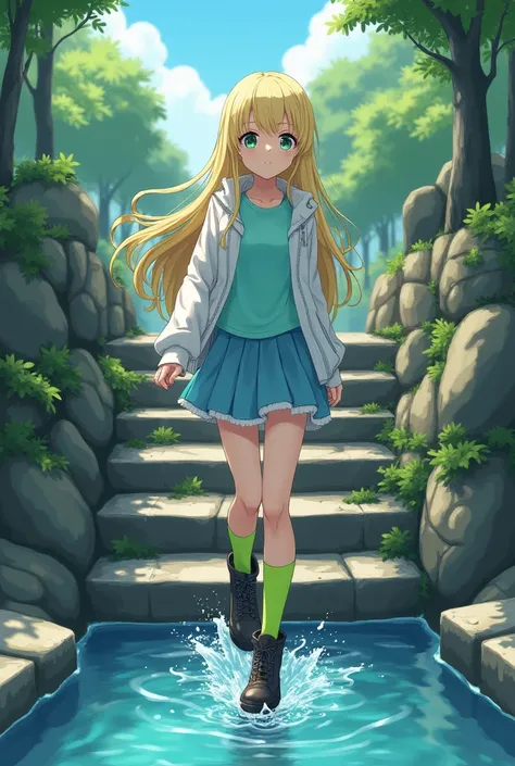  anime girl,  long blonde hair with light green strands ,  light turquoise T-shirt ,  white jacket , sky blue skirt ,  neon green knee socks ,  anthracite calf-high lace-up boots ,  goes down a stone staircase into a river,  the right foot is knee-deep in ...