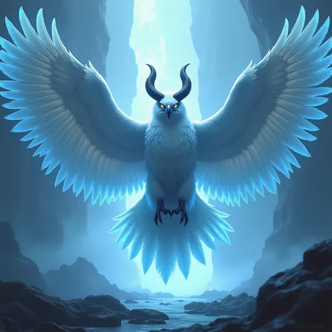 A giant white Mystic eagle with blue light, blue Feathers and black horns, very fierce, Very bright 