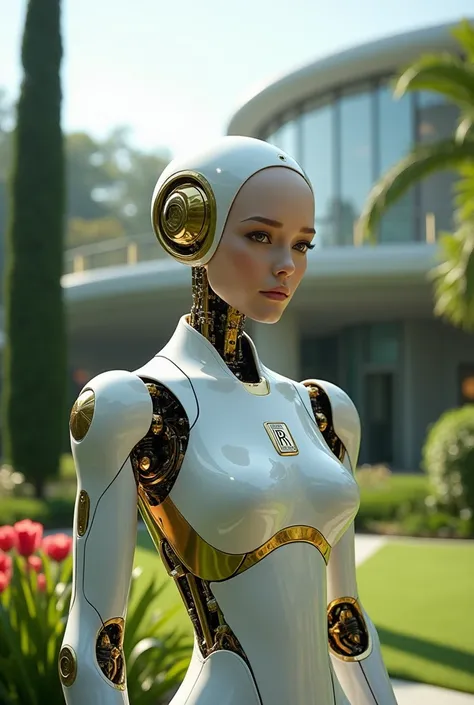   realistic photo ,  futuristic android made by Rolls Royce Motors, white and gold, Rolls Royce symbol on the chest ,  garden of a futuristic millionaire mansion  