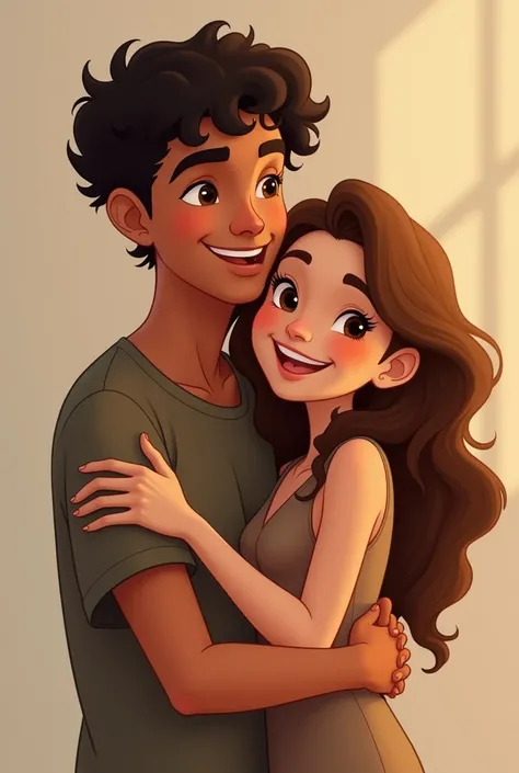  make a Disney style image of two and one is 20 years old and the other is  . The 20-year-old is taller ,  has short curly dark brown hair and the  has long hair, Light brown and smooth .  They are both happy and hugging 