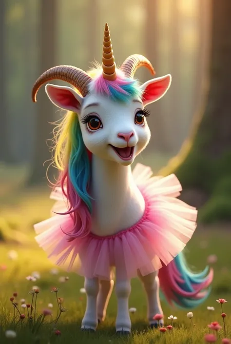 Object:. More Realistic happy goat, 
  The goat has clear unicorn features such as the unicorn on its forehead, rainbow mane and rainbow colored tail.Wears a tutu, and has a magic wand. Hyper realistic, realistic details. 

Location: fairytale forest

 Dre...