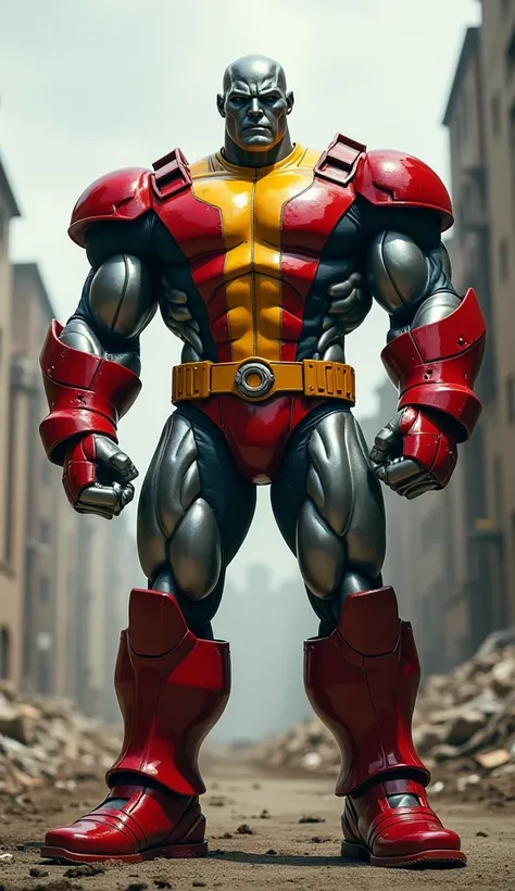 "Create a highly detailed image of Colossus from the X-Men, showcasing his iconic metallic form. Depict him as a tall, muscular mutant with a shiny, steel-like skin that reflects light realistically. His costume should feature red and yellow colors with bl...