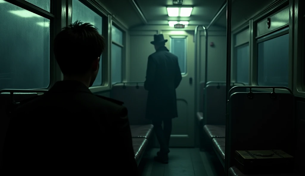 A dimly lit train carriage late at night, filled with an eerie atmosphere. The scene captures Michael, a young man with a curious expression, seated near the window, glancing at a mysterious stranger dressed in a dark trench coat and hat, standing at the s...