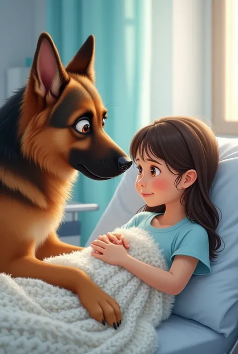 A German shepherd giving a blanket to a girl in a hospital bed